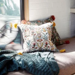 Botany Embroidered Cushion - Blue/Multi