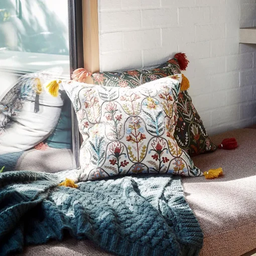 Botany Embroidered Cushion - Blue/Multi
