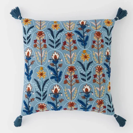 Botany Embroidered Cushion - Blue/Multi