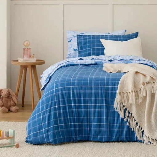 Charlie Reversible Flannelette Quilt Cover Set- Light Blue
