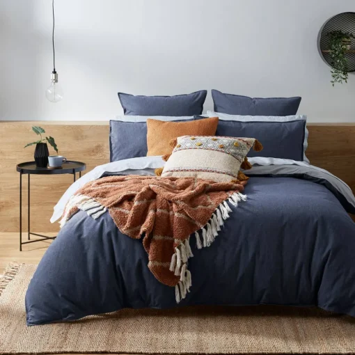 Lusso Reversible Brushed Cotton Quilt Cover - Ink Blue