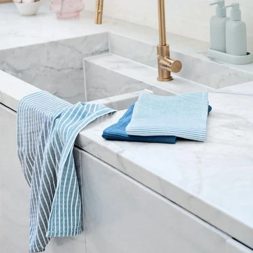 Yarn Dye Stripe Tea Towel Set Of 3 - Teal
