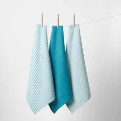 Yarn Dye Stripe Tea Towel Set Of 3 - Teal